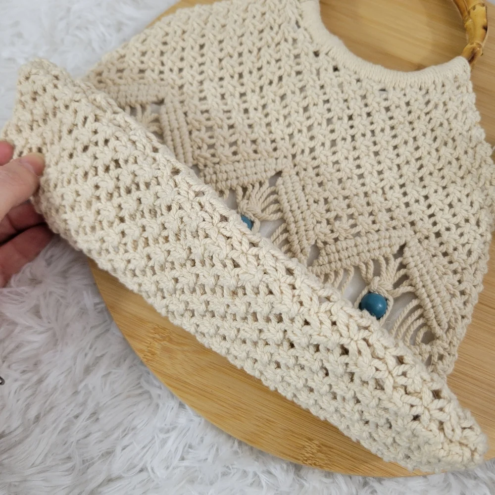 BOHO cotton macrame crochet beaded beachy summer bamboo tribal satchel bag